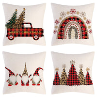 HKM-102995 Christmas Pillow Cover Set - 4-Piece Decorative Cushion Covers with Snowflake, Checkered, Car, and Star Designs, 45x45cm
