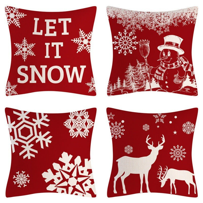 HKM-102995 Christmas Pillow Cover Set - 4-Piece Decorative Cushion Covers with Snowflake, Checkered, Car, and Star Designs, 45x45cm