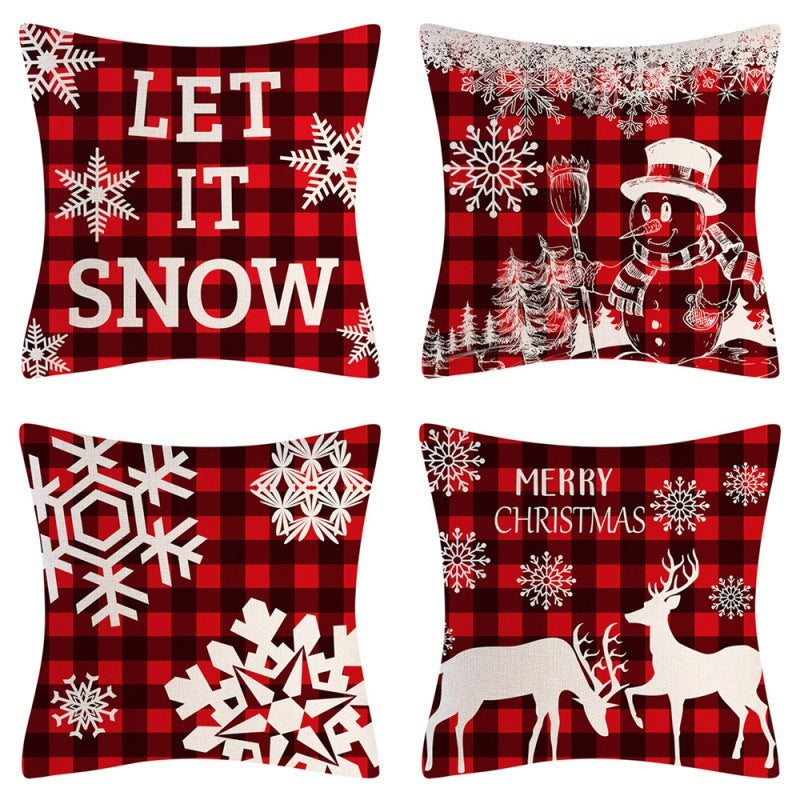 HKM-102995 Christmas Pillow Cover Set - 4-Piece Decorative Cushion Covers with Snowflake, Checkered, Car, and Star Designs, 45x45cm
