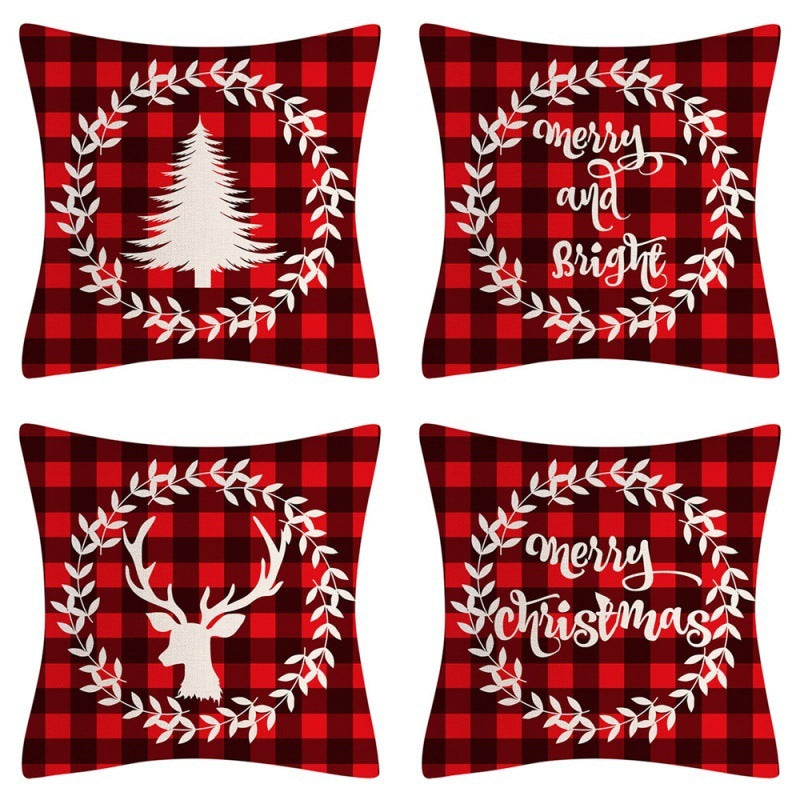 HKM-102995 Christmas Pillow Cover Set - 4-Piece Decorative Cushion Covers with Snowflake, Checkered, Car, and Star Designs, 45x45cm