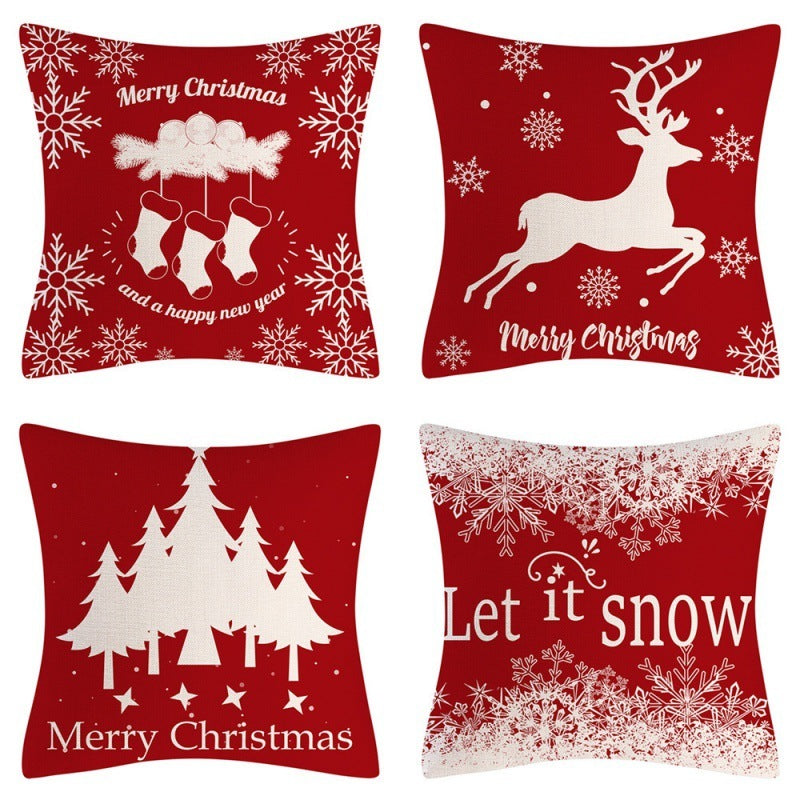 HKM-102995 Christmas Pillow Cover Set - 4-Piece Decorative Cushion Covers with Snowflake, Checkered, Car, and Star Designs, 45x45cm