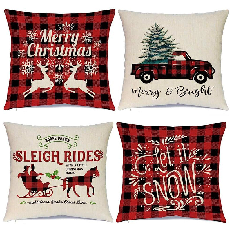 HKM-102995 Christmas Pillow Cover Set - 4-Piece Decorative Cushion Covers with Snowflake, Checkered, Car, and Star Designs, 45x45cm