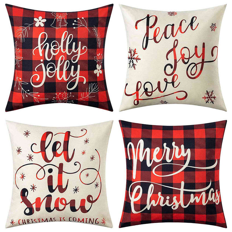 HKM-102995 Christmas Pillow Cover Set - 4-Piece Decorative Cushion Covers with Snowflake, Checkered, Car, and Star Designs, 45x45cm
