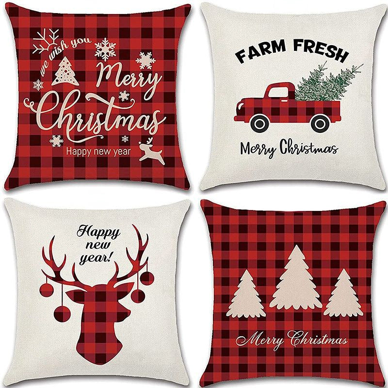 HKM-102995 Christmas Pillow Cover Set - 4-Piece Decorative Cushion Covers with Snowflake, Checkered, Car, and Star Designs, 45x45cm