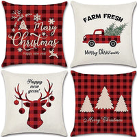 HKM-102995 Christmas Pillow Cover Set - 4-Piece Decorative Cushion Covers with Snowflake, Checkered, Car, and Star Designs, 45x45cm