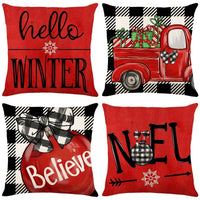 HKM-102995 Christmas Pillow Cover Set - 4-Piece Decorative Cushion Covers with Snowflake, Checkered, Car, and Star Designs, 45x45cm