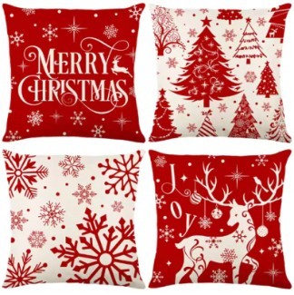 HKM-102995 Christmas Pillow Cover Set - 4-Piece Decorative Cushion Covers with Snowflake, Checkered, Car, and Star Designs, 45x45cm