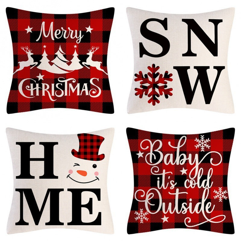 HKM-102995 Christmas Pillow Cover Set - 4-Piece Decorative Cushion Covers with Snowflake, Checkered, Car, and Star Designs, 45x45cm