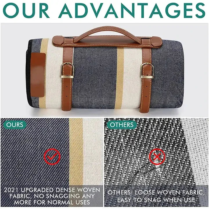 KTX-103059 Outdoor Waterproof Acrylic Plaid Picnic Blanket with Leather Strap - Foldable Moisture-Proof Camping Rug