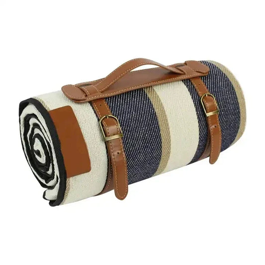 KTX-103059 Outdoor Waterproof Acrylic Plaid Picnic Blanket with Leather Strap - Foldable Moisture-Proof Camping Rug