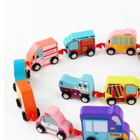 HKM-103507 Wooden Pull Line Train Toy Cars Set for Kids, 20-Piece Educational Construction Toy, Ages 2-7
