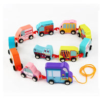 HKM-103507 Wooden Pull Line Train Toy Cars Set for Kids, 20-Piece Educational Construction Toy, Ages 2-7