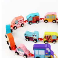 HKM-103507 Wooden Pull Line Train Toy Cars Set for Kids, 20-Piece Educational Construction Toy, Ages 2-7