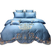 HKM-104019 Four-Piece Embroidered Cotton Bed Linen Set - Fashionable and Simple Design, Available in Blue, Red, Gray, Green, Pink