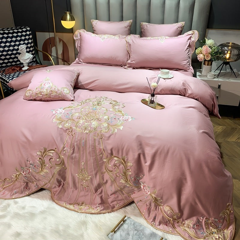 HKM-104019 Four-Piece Embroidered Cotton Bed Linen Set - Fashionable and Simple Design, Available in Blue, Red, Gray, Green, Pink