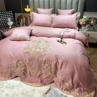 HKM-104019 Four-Piece Embroidered Cotton Bed Linen Set - Fashionable and Simple Design, Available in Blue, Red, Gray, Green, Pink