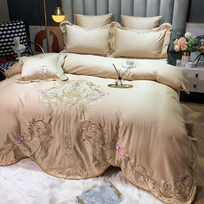 HKM-104019 Four-Piece Embroidered Cotton Bed Linen Set - Fashionable and Simple Design, Available in Blue, Red, Gray, Green, Pink