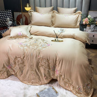HKM-104019 Four-Piece Embroidered Cotton Bed Linen Set - Fashionable and Simple Design, Available in Blue, Red, Gray, Green, Pink