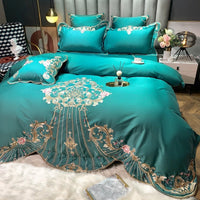 HKM-104019 Four-Piece Embroidered Cotton Bed Linen Set - Fashionable and Simple Design, Available in Blue, Red, Gray, Green, Pink