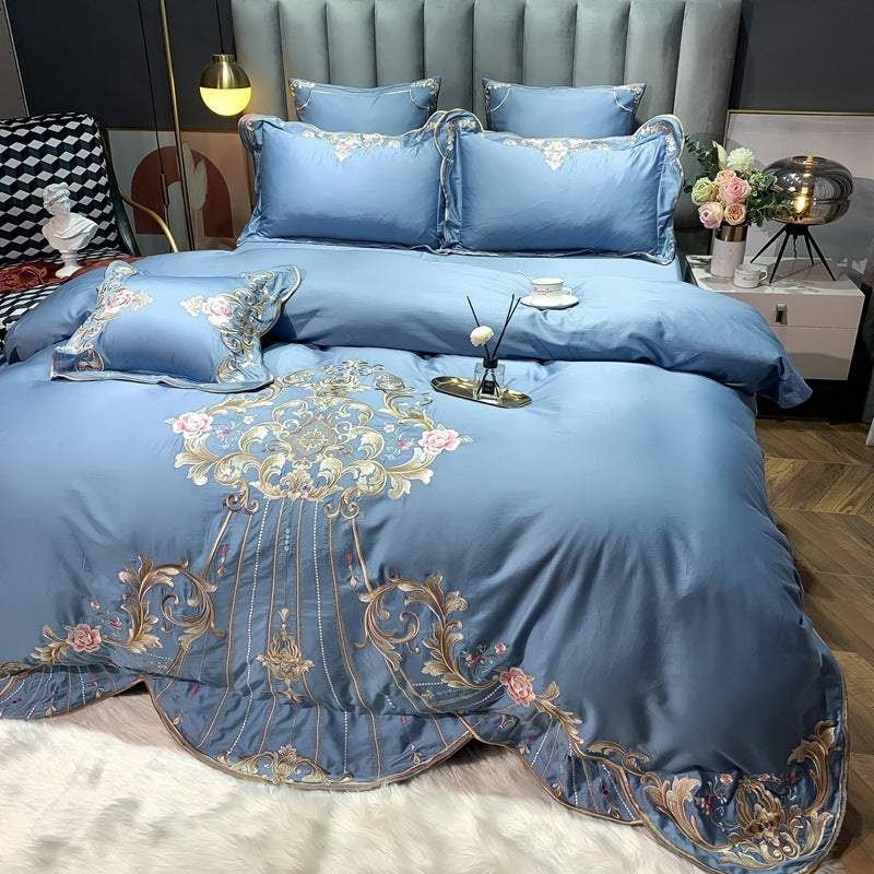 HKM-104019 Four-Piece Embroidered Cotton Bed Linen Set - Fashionable and Simple Design, Available in Blue, Red, Gray, Green, Pink