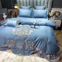 HKM-104019 Four-Piece Embroidered Cotton Bed Linen Set - Fashionable and Simple Design, Available in Blue, Red, Gray, Green, Pink