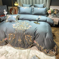 HKM-104019 Four-Piece Embroidered Cotton Bed Linen Set - Fashionable and Simple Design, Available in Blue, Red, Gray, Green, Pink