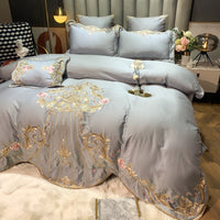 HKM-104019 Four-Piece Embroidered Cotton Bed Linen Set - Fashionable and Simple Design, Available in Blue, Red, Gray, Green, Pink