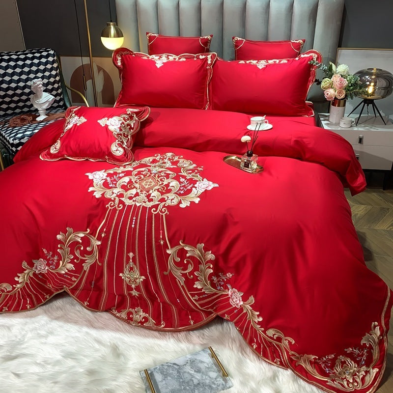 HKM-104019 Four-Piece Embroidered Cotton Bed Linen Set - Fashionable and Simple Design, Available in Blue, Red, Gray, Green, Pink
