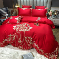 HKM-104019 Four-Piece Embroidered Cotton Bed Linen Set - Fashionable and Simple Design, Available in Blue, Red, Gray, Green, Pink