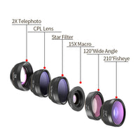 HKM-104083 6 in 1 Universal Mobile Phone Camera Lens Kit with Fisheye, Wide Angle, Macro, Telephoto, CPL, and Star Filters