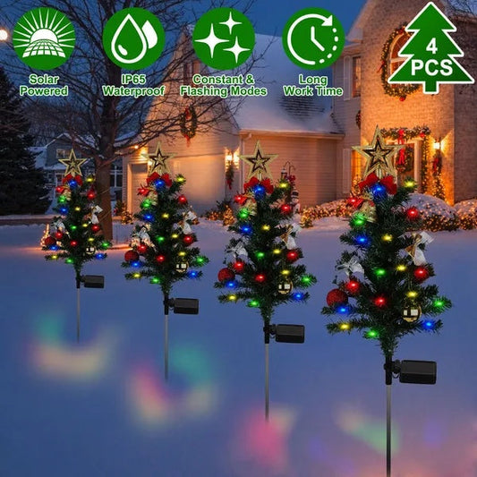 HKM-104659 Solar Christmas Tree Light Decoration Set with Constant and Flashing Modes, Includes 4 Trees, Stakes, and Accessories, IP65 Waterproof for Outdoor Use