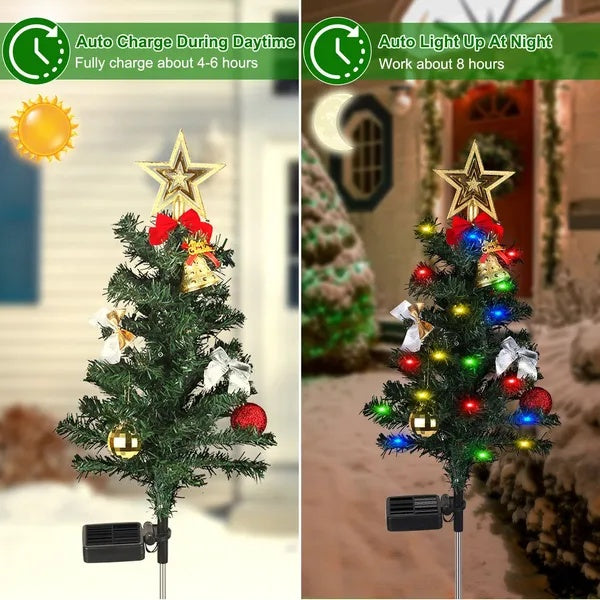 HKM-104659 Solar Christmas Tree Light Decoration Set with Constant and Flashing Modes, Includes 4 Trees, Stakes, and Accessories, IP65 Waterproof for Outdoor Use
