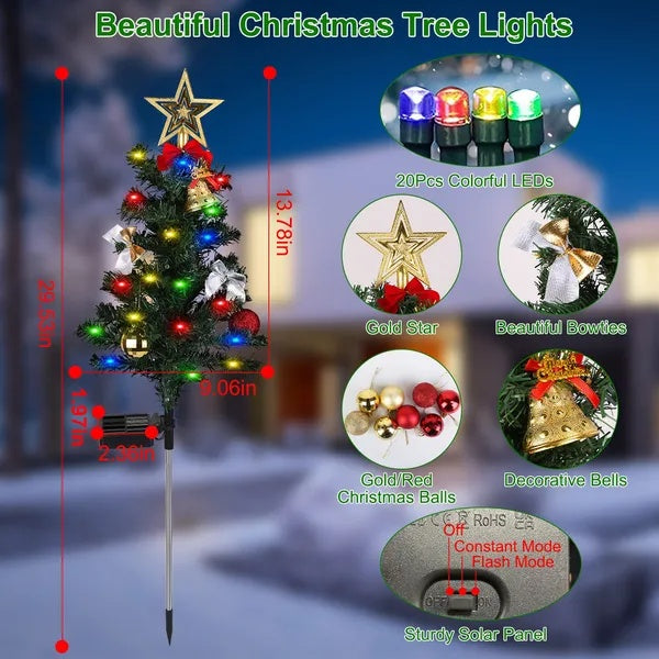 HKM-104659 Solar Christmas Tree Light Decoration Set with Constant and Flashing Modes, Includes 4 Trees, Stakes, and Accessories, IP65 Waterproof for Outdoor Use