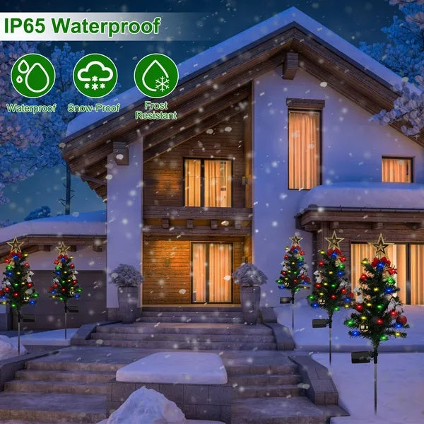 HKM-104659 Solar Christmas Tree Light Decoration Set with Constant and Flashing Modes, Includes 4 Trees, Stakes, and Accessories, IP65 Waterproof for Outdoor Use