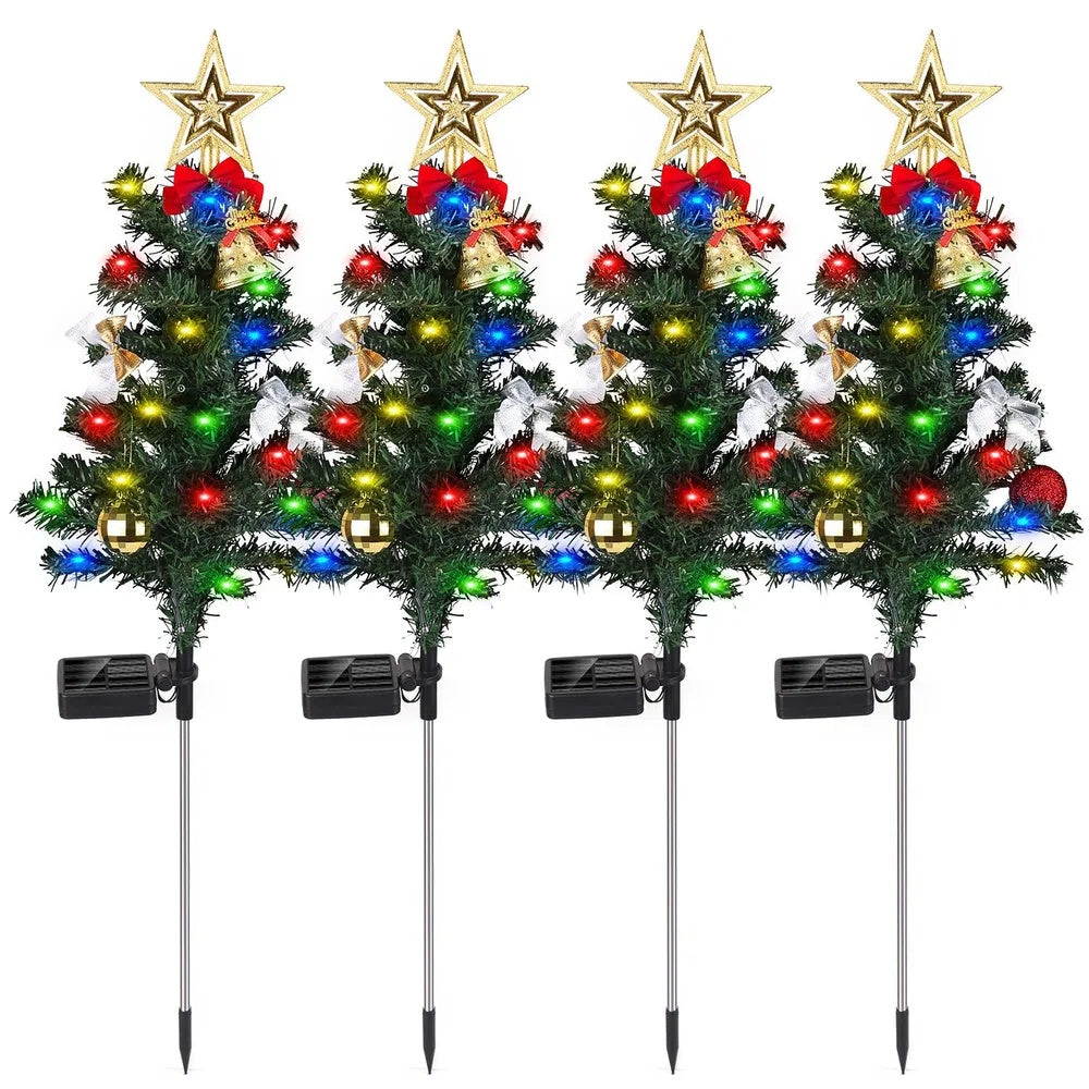 HKM-104659 Solar Christmas Tree Light Decoration Set with Constant and Flashing Modes, Includes 4 Trees, Stakes, and Accessories, IP65 Waterproof for Outdoor Use