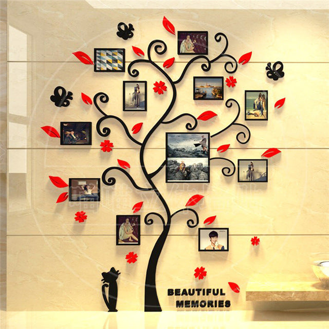 HKM-104787 Family Tree Photo Frame Wall Sticker with 10 4-Inch Frames and 1 6-Inch Frame, Black Acrylic Design, 82.4 x 100 CM