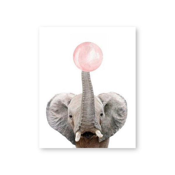HKM-104851 Elephant Blowing Bubbles Cartoon Style Frameless Canvas Art for Children's Room