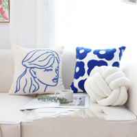HKM-104915 Embroidered Square Pillow Cover with Blue Flower Pattern