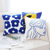 HKM-104915 Embroidered Square Pillow Cover with Blue Flower Pattern