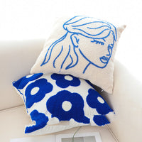 HKM-104915 Embroidered Square Pillow Cover with Blue Flower Pattern