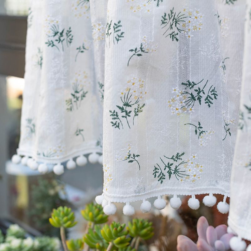 HKM-105555 Lilac and Daisy Tassel Short Kitchen Curtain for Semi-Sunshade Windows