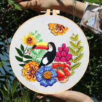 HKM-106003 Creative Three-Dimensional European Embroidery Material Package - Parrot and Flower Designs, Includes 20cm Bamboo Stretched Canvas