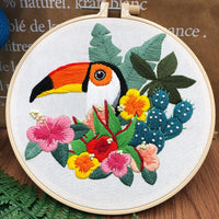 HKM-106003 Creative Three-Dimensional European Embroidery Material Package - Parrot and Flower Designs, Includes 20cm Bamboo Stretched Canvas