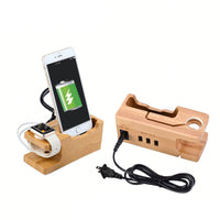 HKM-106515 Bamboo Phone Charging Station with 3-Port USB and Built-in Power Board for iPhone and Apple Watch