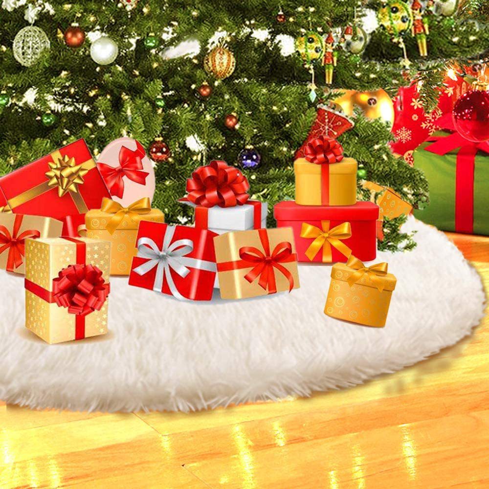 HKM-106771 Plush Faux Fur White Christmas Tree Skirt for Holiday Home Decor - Multiple Sizes Available