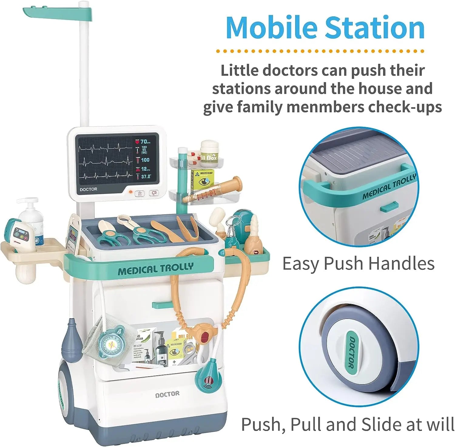 HKM-106835 26-Piece Medical Pretend Play Kit with Trolley Cart for Kids Ages 2-7