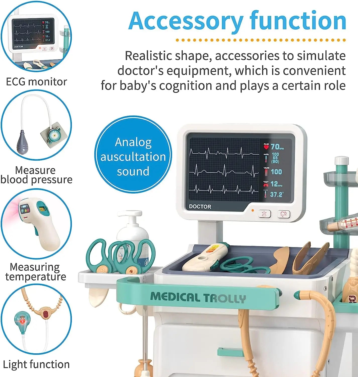 HKM-106835 26-Piece Medical Pretend Play Kit with Trolley Cart for Kids Ages 2-7