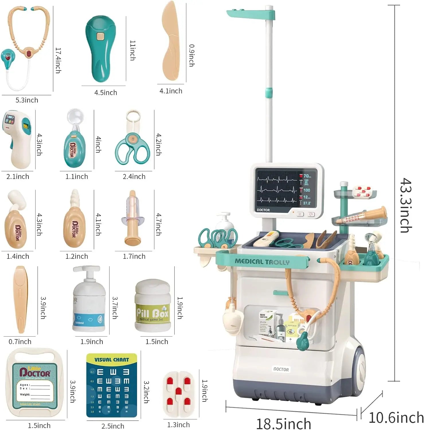 HKM-106835 26-Piece Medical Pretend Play Kit with Trolley Cart for Kids Ages 2-7