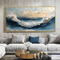 HKM-107091 Handmade Large Abstract Oil Painting of Blue and White Ocean Waves for Living Room Wall Decoration