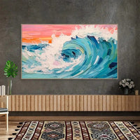 HKM-107091 Handmade Large Abstract Oil Painting of Blue and White Ocean Waves for Living Room Wall Decoration